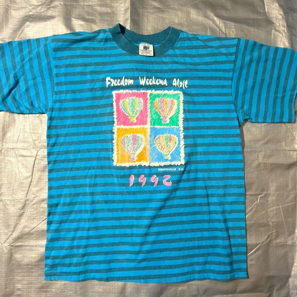Vintage 90s Hot Air Balloon T Shirt Mens XL Striped Single Stitch USA Made 1992